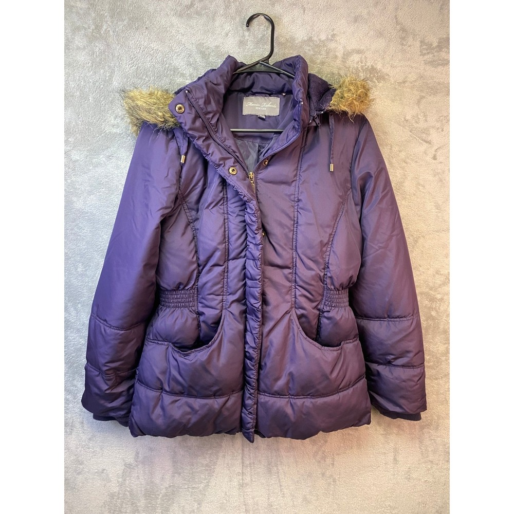 Marvin Richards Purple Puffer Jacket Faux Fur Hood‎ Cinched Waist Womens Medium